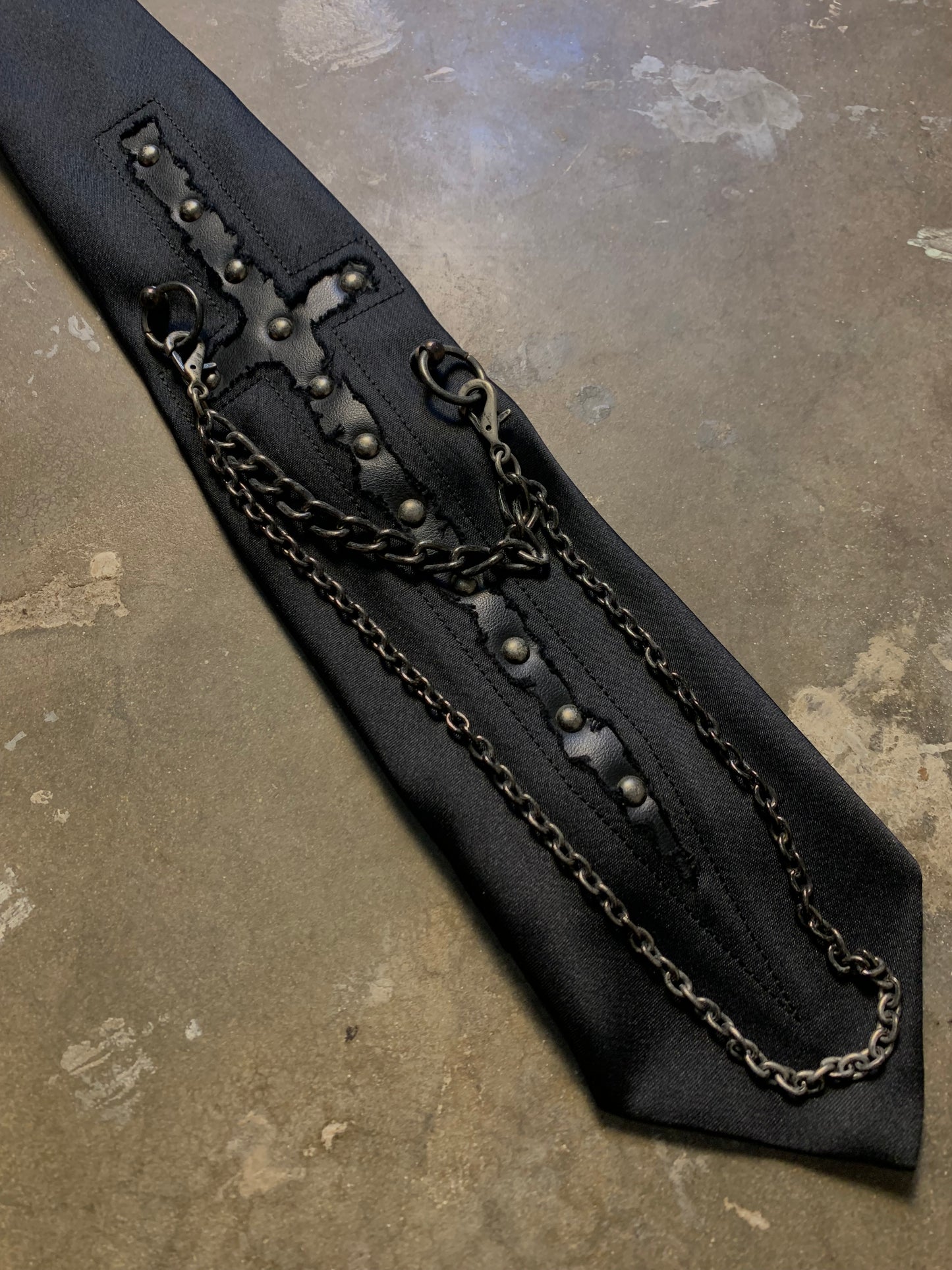Black Peace Now Studded Leather Cross Chain Tie